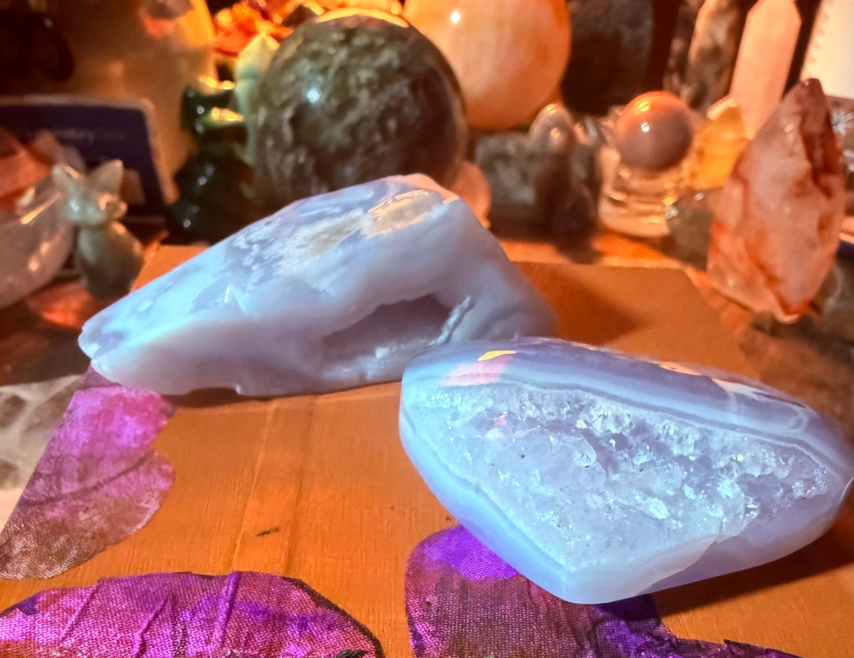 Serenity & Flow: Blue Chalcedony Druzy Duo (Heart & Cave Slab Set)
