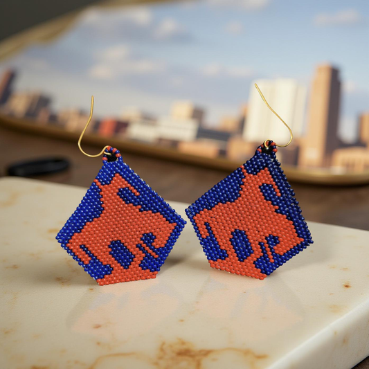 “The Trails End” Beaded Earrings — Handcrafted with Red & Blue Glass Beads (Featured Artist)