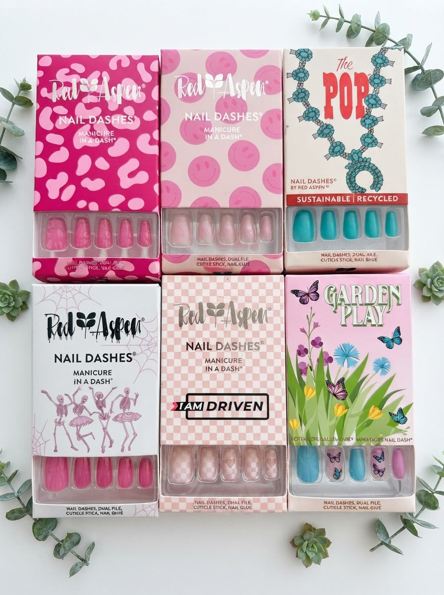 Set of eight summer inspired Red Aspen deluxe press on nail kit